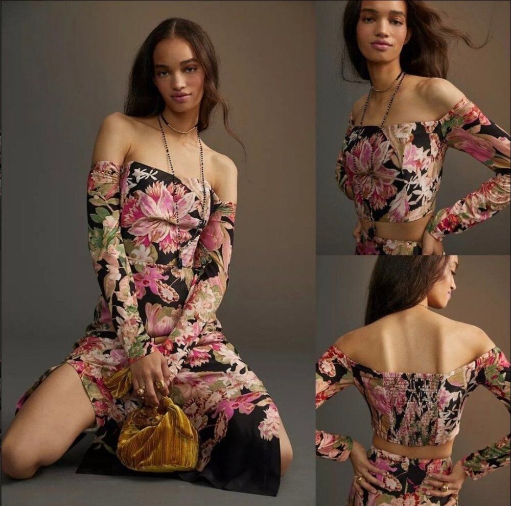 ANTHROPOLOGIE Floral Off Shoulder Crop Top Slit Skirt TWO-PIECE SET Whimsigoth